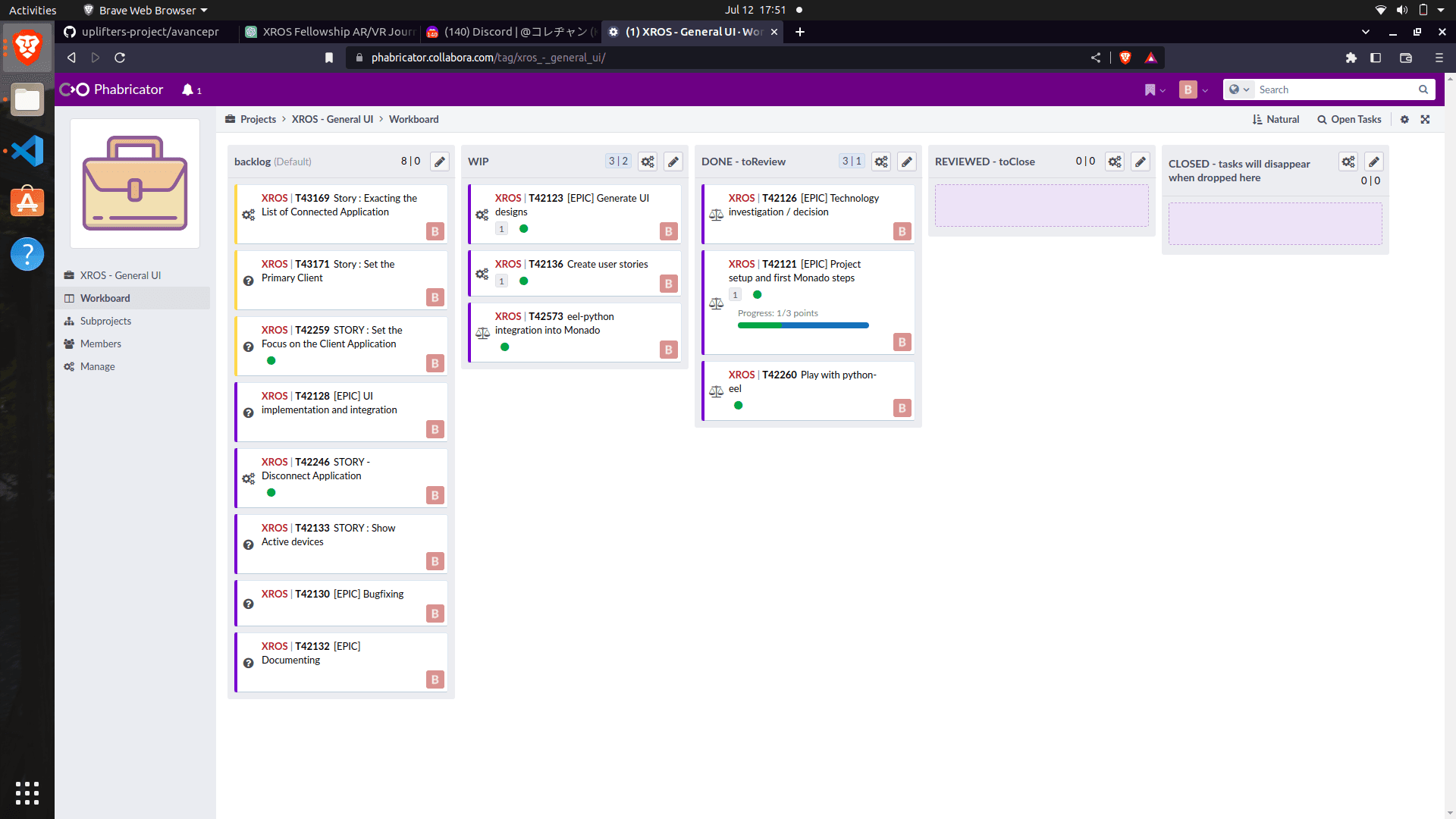 XROS General UI workboard showing tasks across backlog, work in progress, review, and completion columns