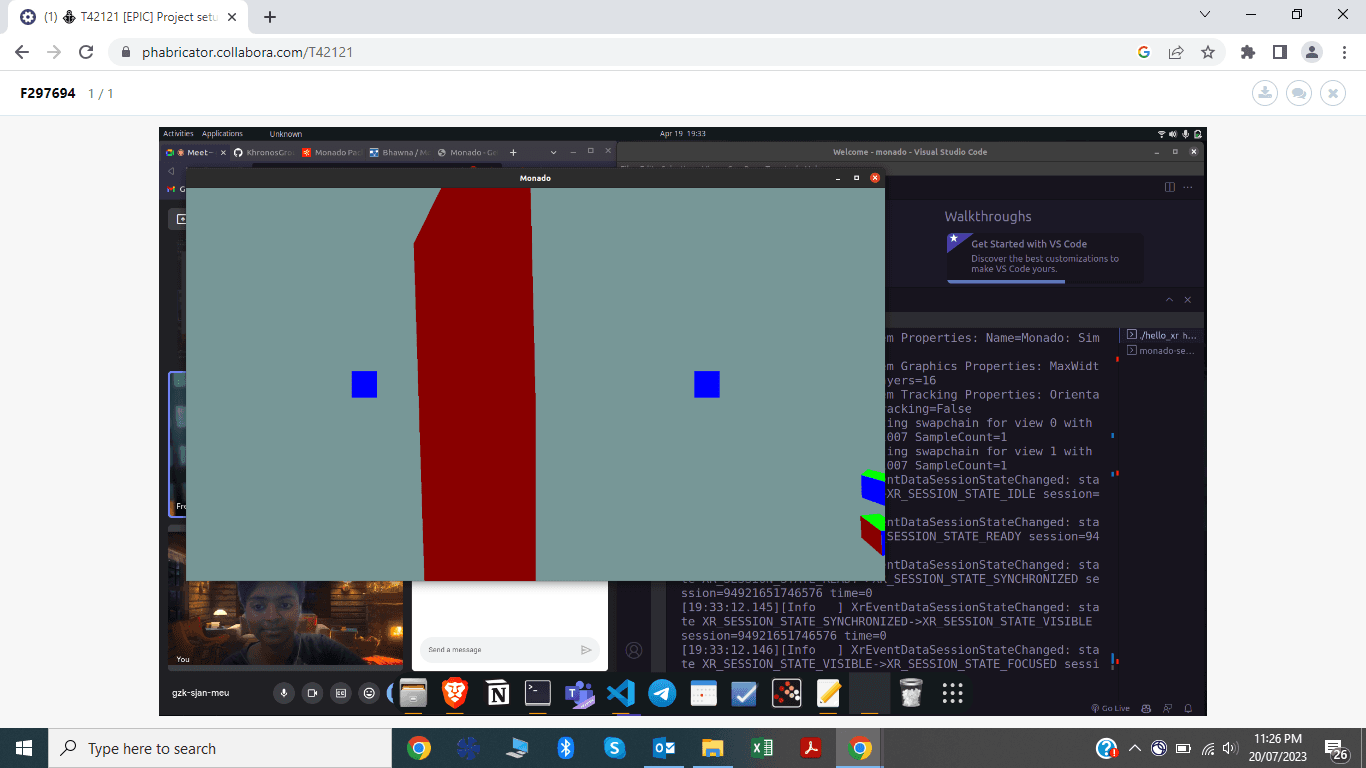 MonadoXR test environment running beside code and terminal output during a remote call