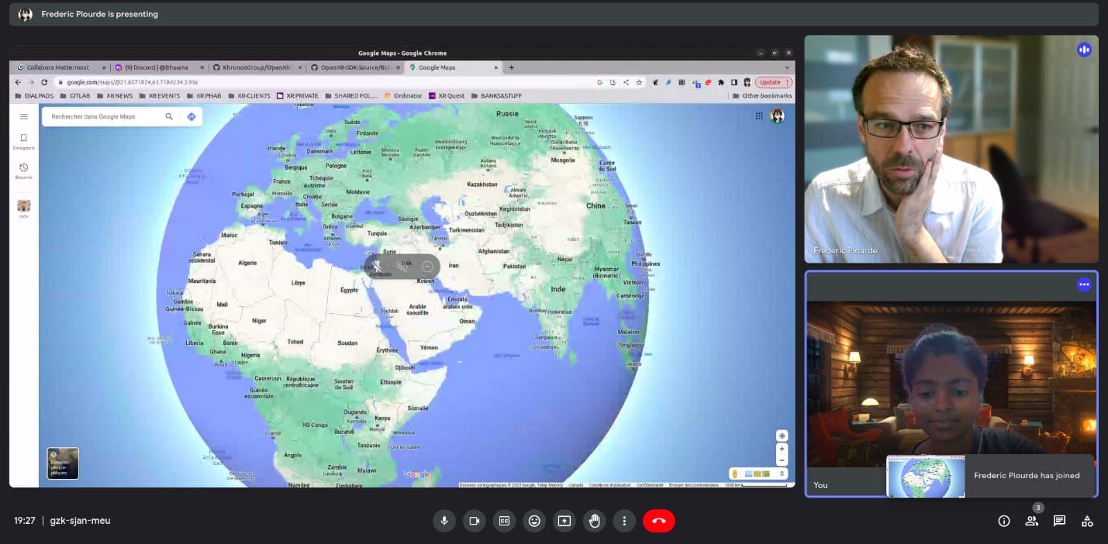 Frédéric Plourde and Bhawna looking at a map of India during a video call