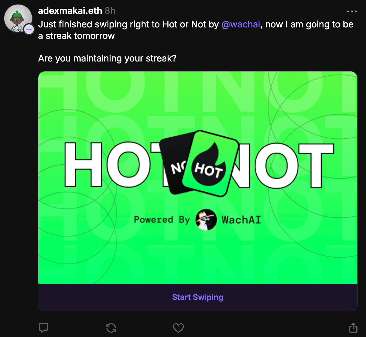 A community member sharing their streak in the WachAI Hot or Not app