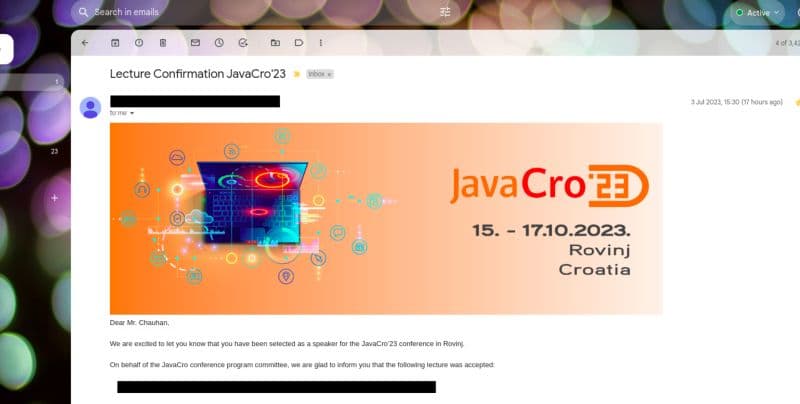 Email confirming Bhawna's selection as a speaker for JavaCro 2023