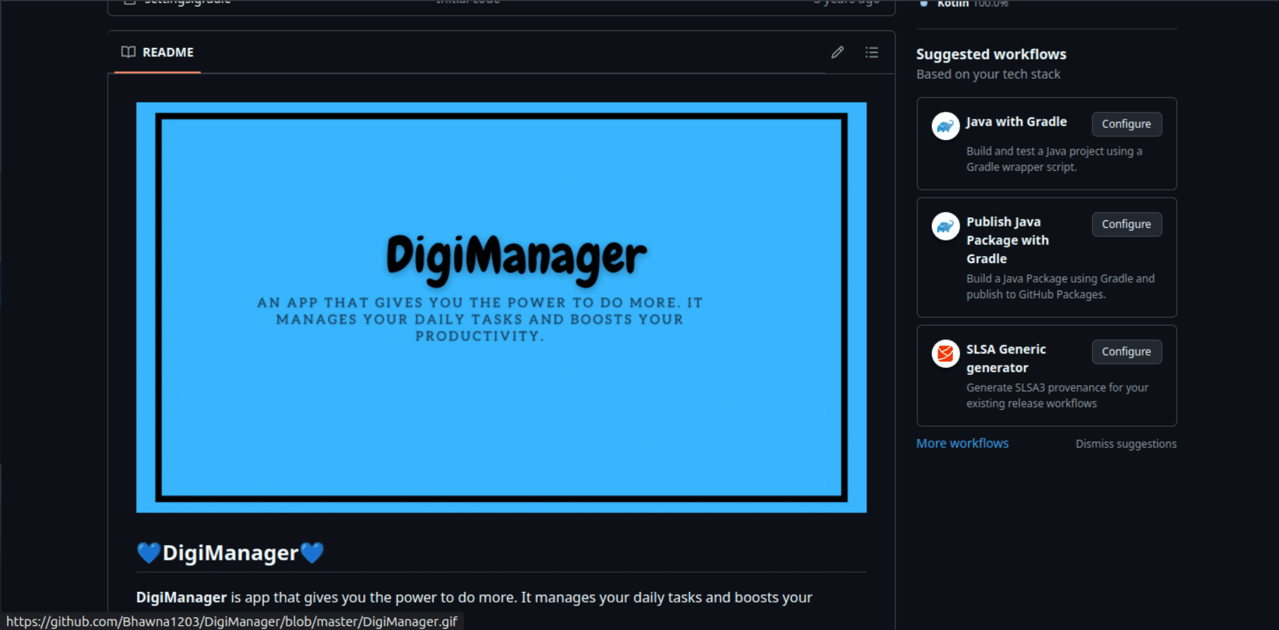 DigiManager project page from Bhawna's first hackathon