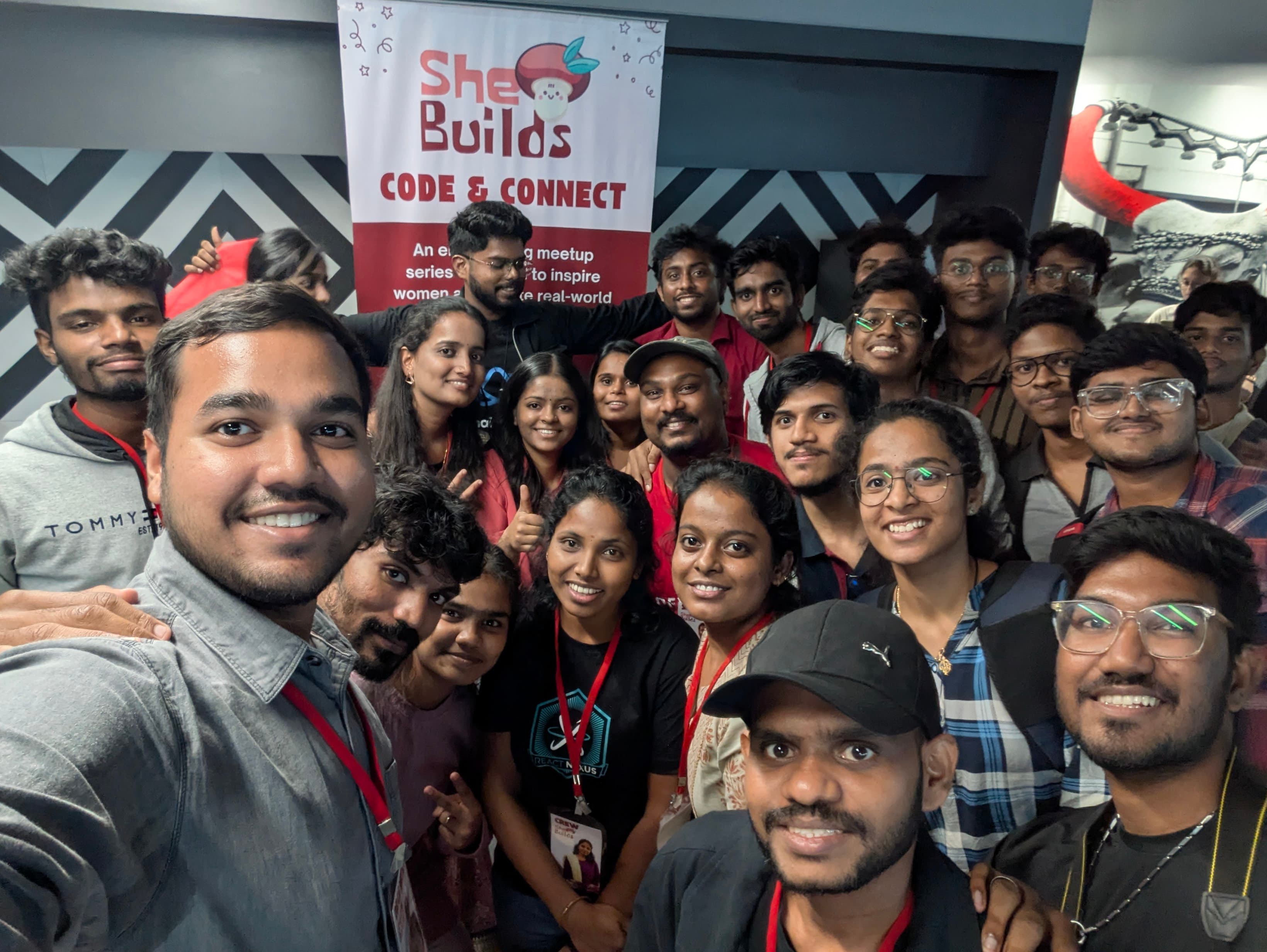 Group selfie with attendees at a SheBuilds Code and Connect event in Chennai